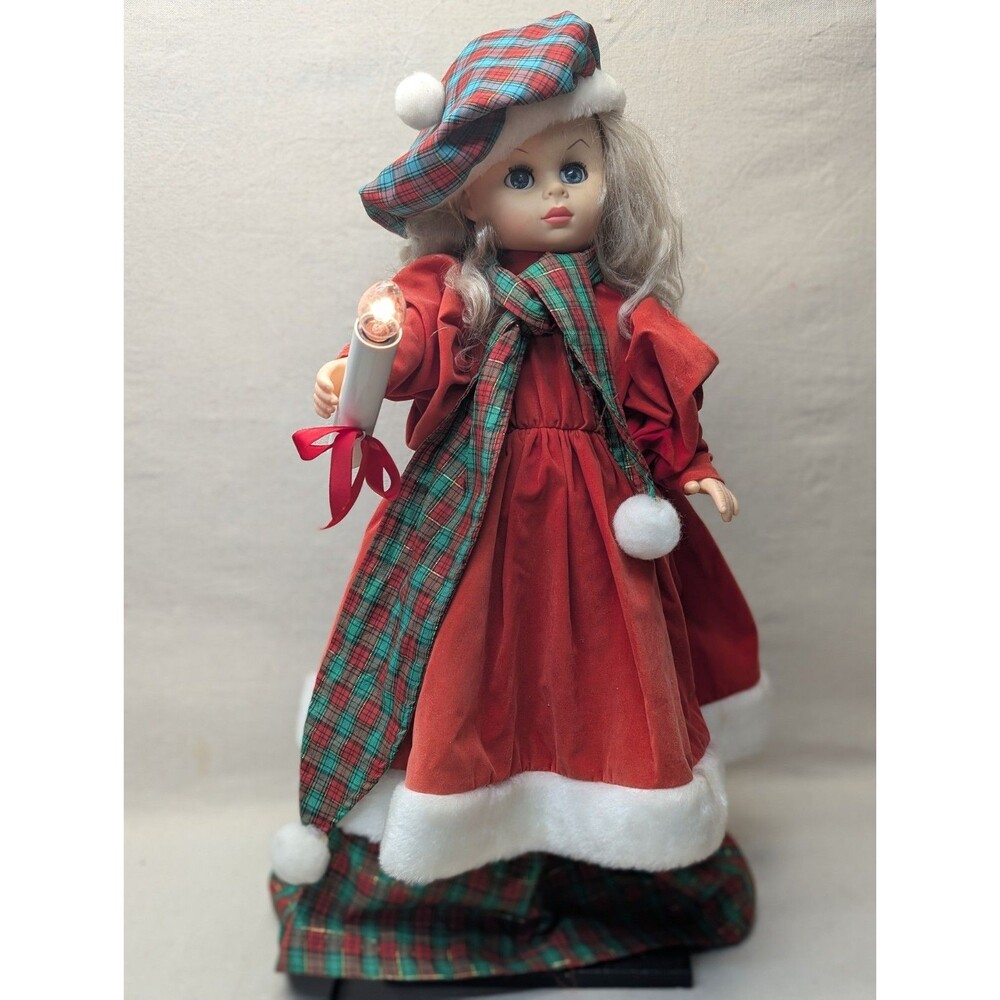 Vtg 1990 Design Arts Animated Christmas Caroler Girl Doll Lighted Candle Plaid *
